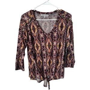 Absolutely Famous Womens Ikat Diamond Print V-Neck Tie Front Knit Top Burgundy S